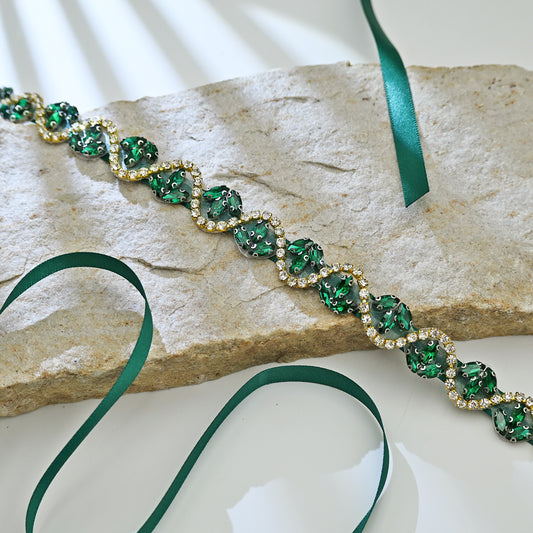 Rhinestone Ribbon Belt Wedding Prom Emerald Green Bridella BS203KL