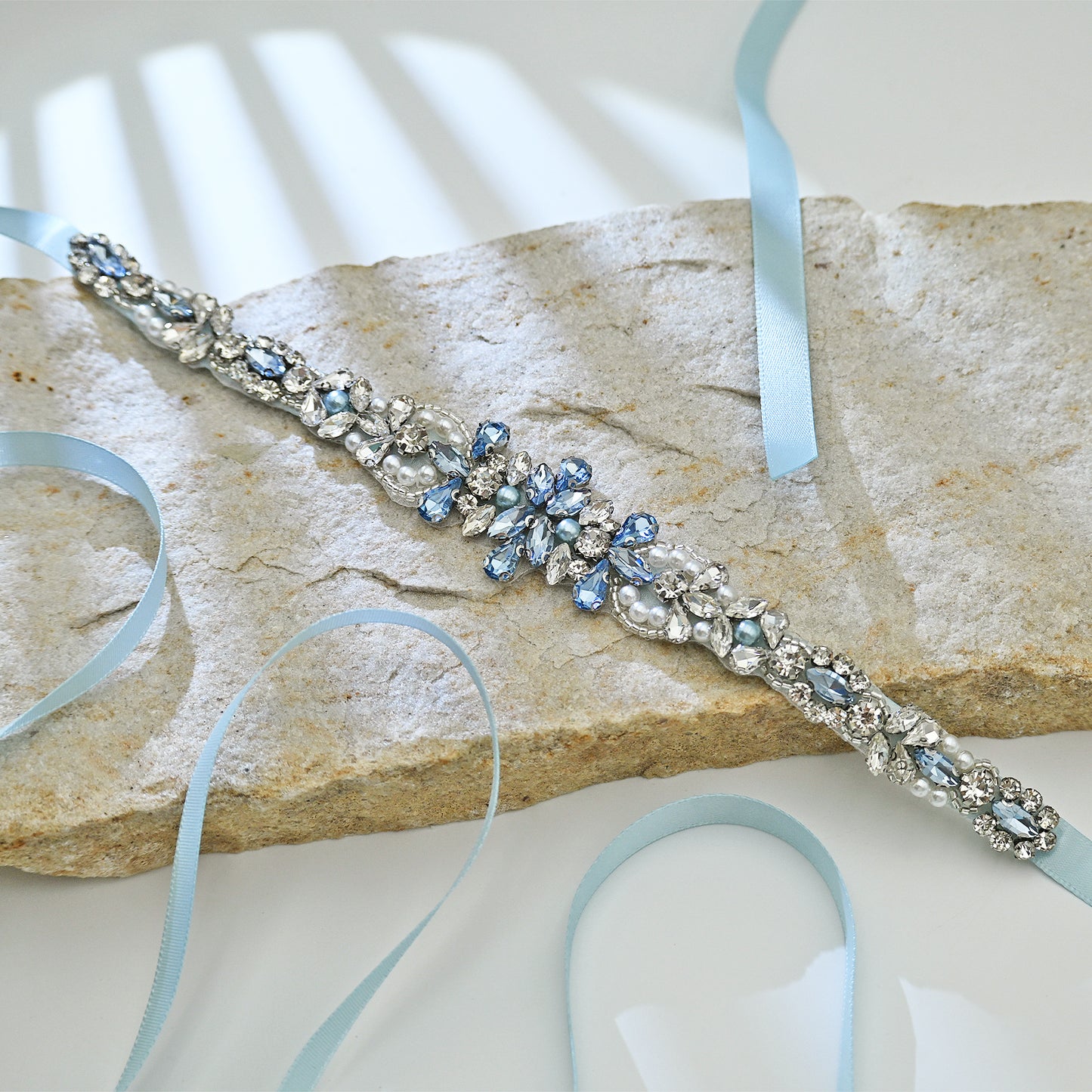 Light Blue Rhinestone & Pearl Bridal Dress Belt for Wedding - Bridella BS93QL