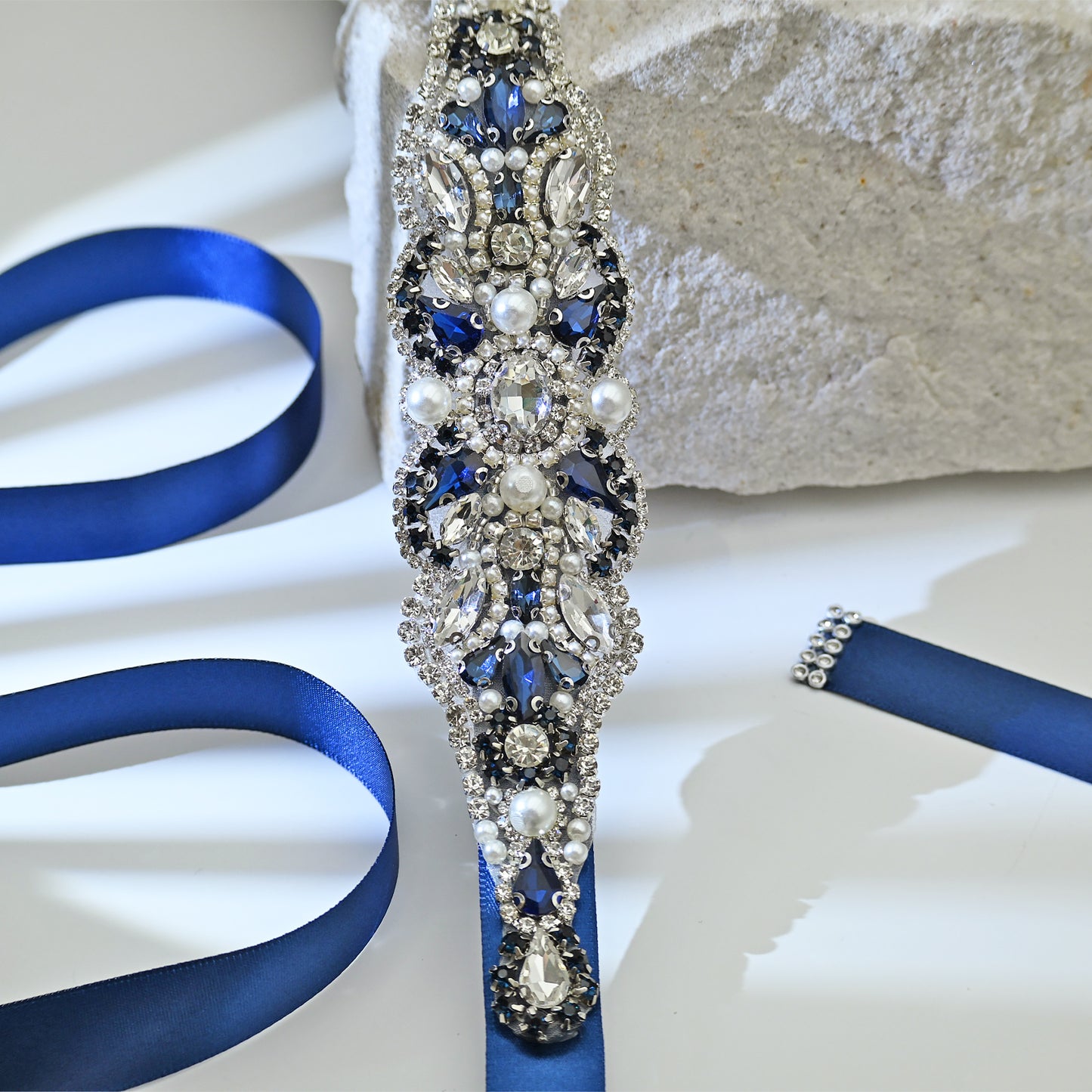 Navy Rhinestone Pearl Bridal Belt Wedding Sash - Bridella BS87ML