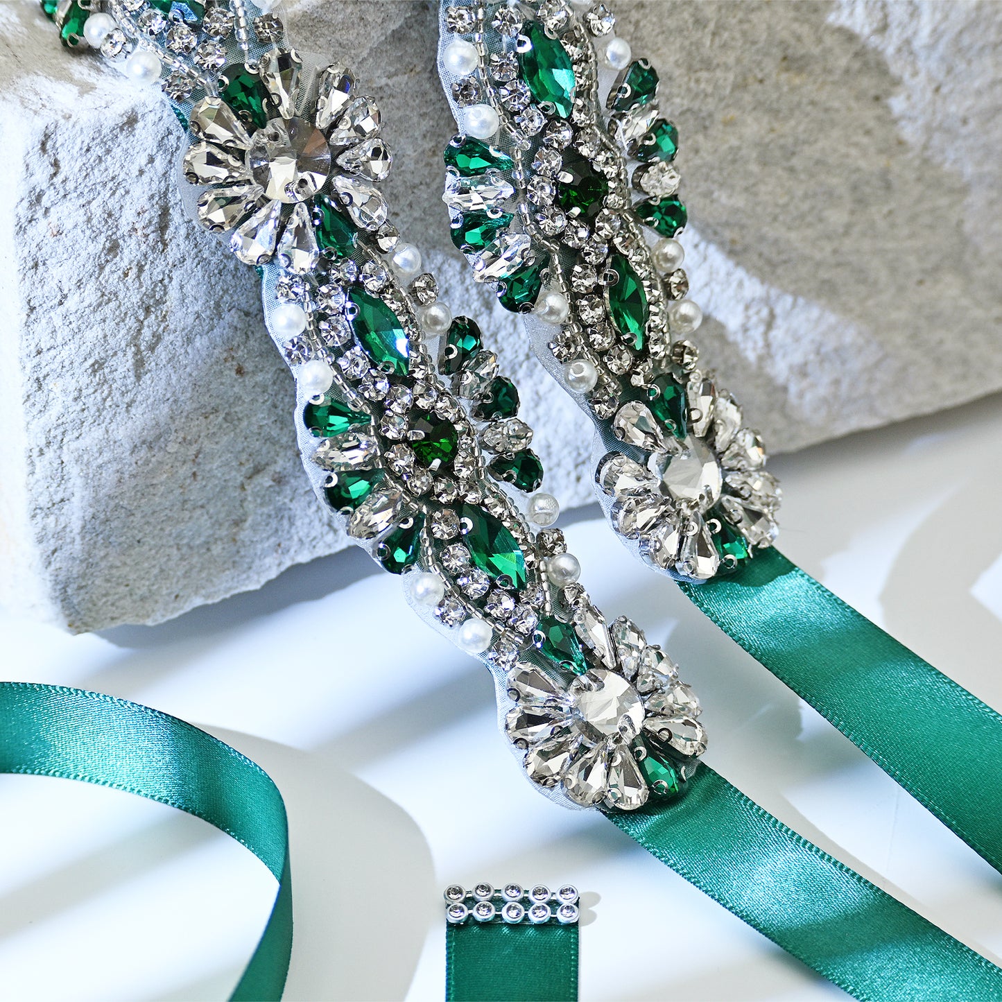 Green Rhinestone Bridal Belt with Ribbon Tie Waist Sash Bridella BS237KL