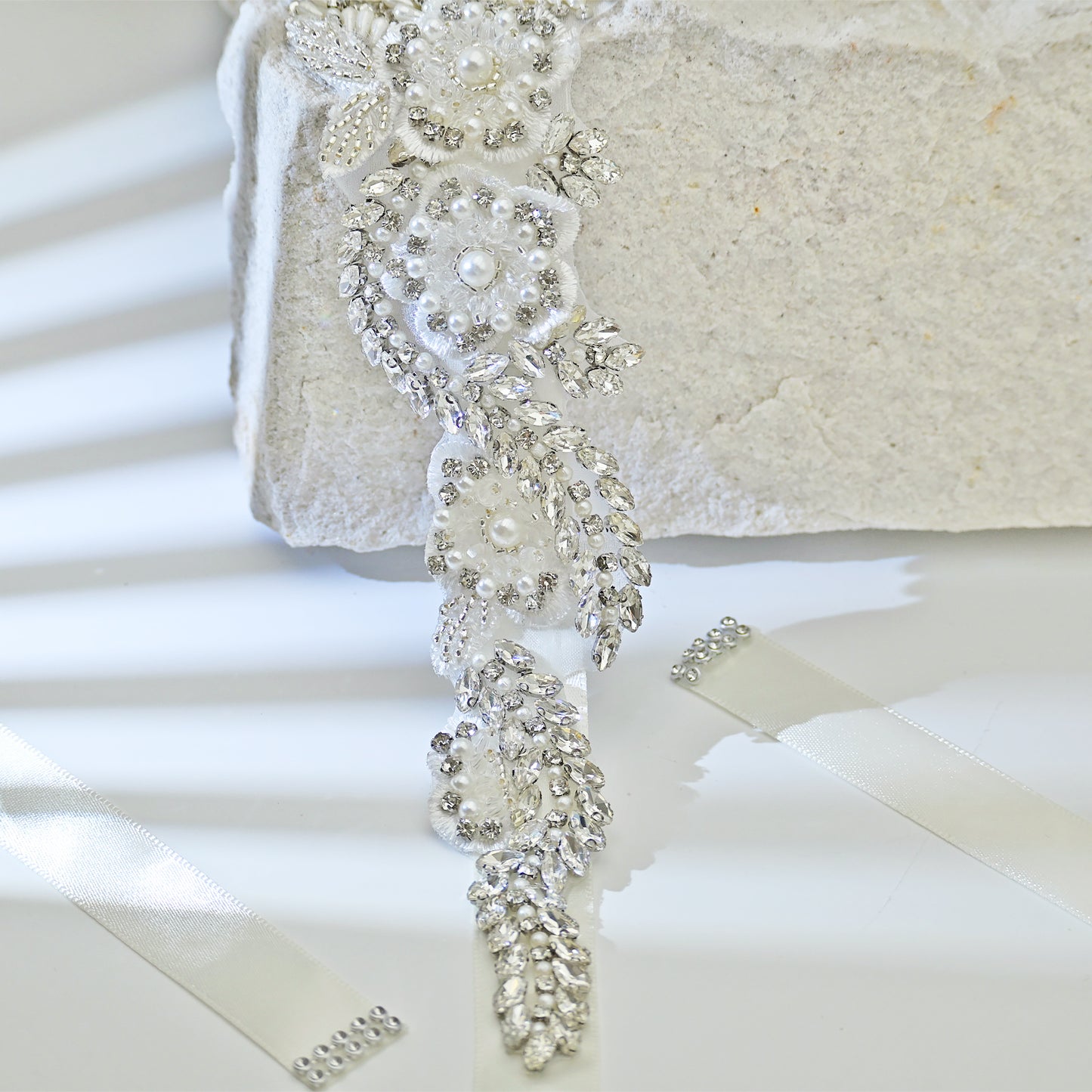 Off White Rhinestone Pearl Bridal Belt Wedding Sash - Bridella BS83