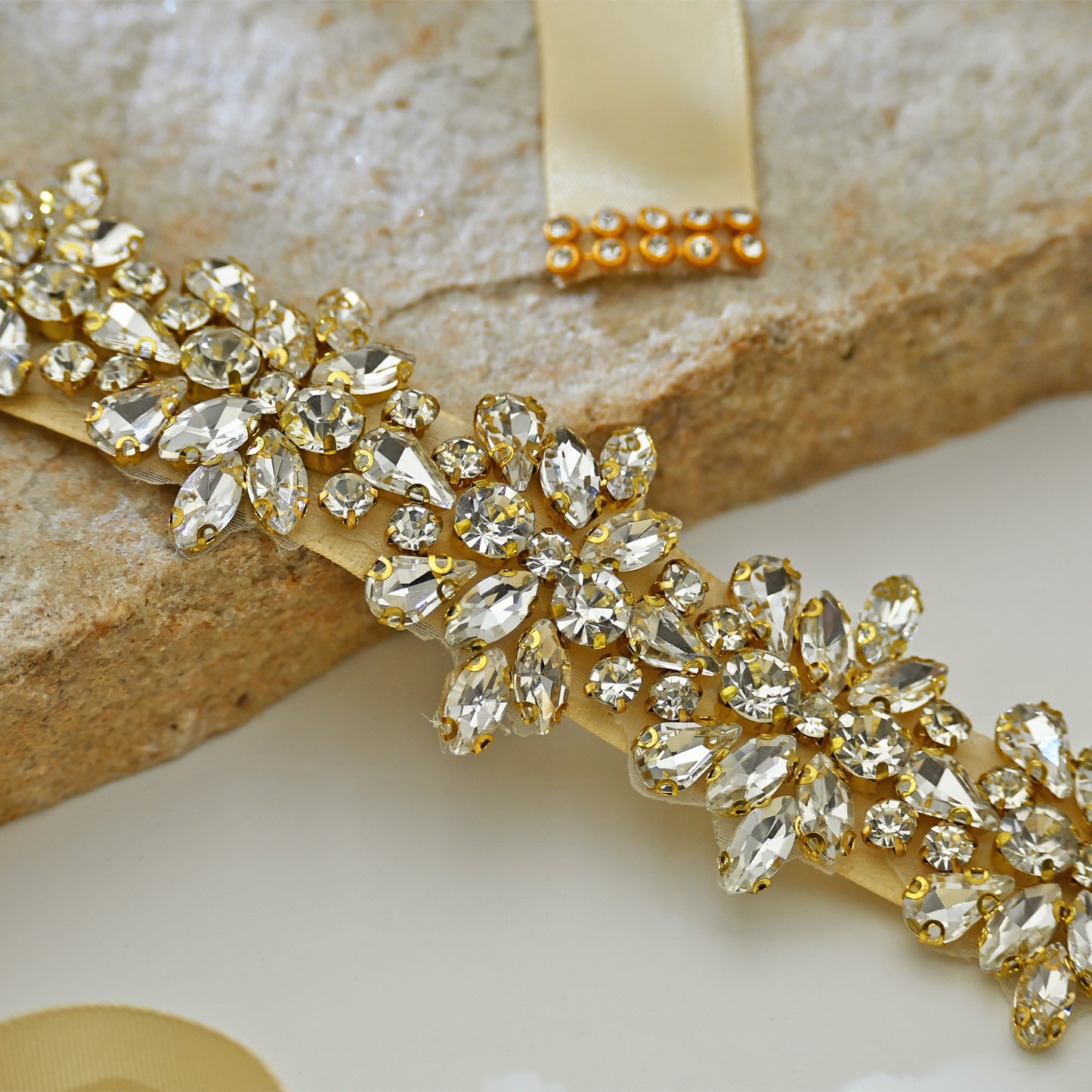 Champagne Gold Rhinestone Bridal Sash Ribbon Wedding Dress Belt – Bridella BS269G-D
