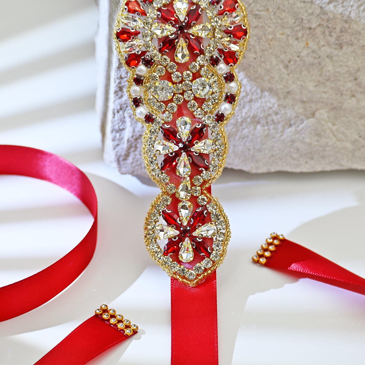 Red Rhinestone Pearl Bridal Belt Wedding Sash - Bridella BS94R