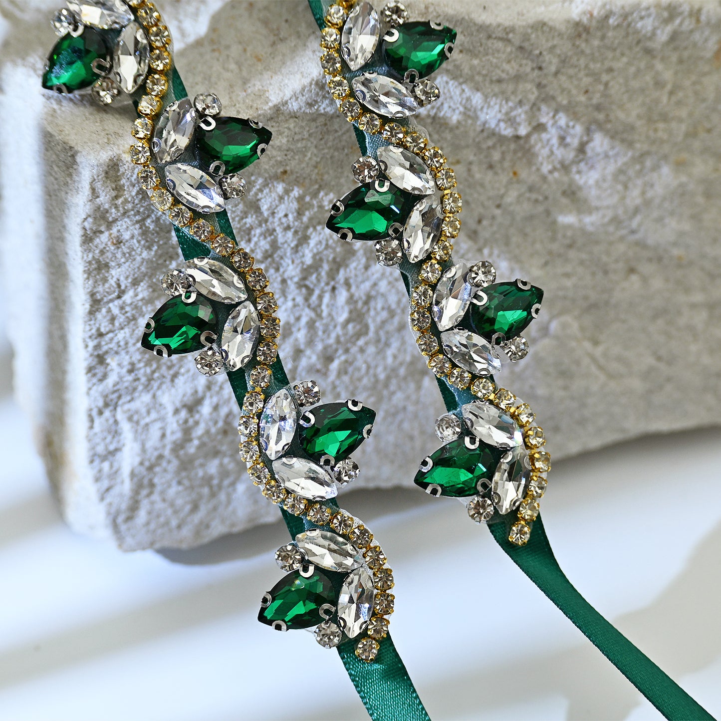 Emerald Green Rhinestone Bridal Belt with Ribbon Waist Sash Bridella BS211KL