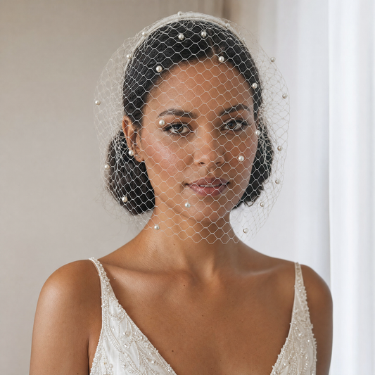 white White Pearl & Mesh Birdcage Veil - Bridella BVA08-W