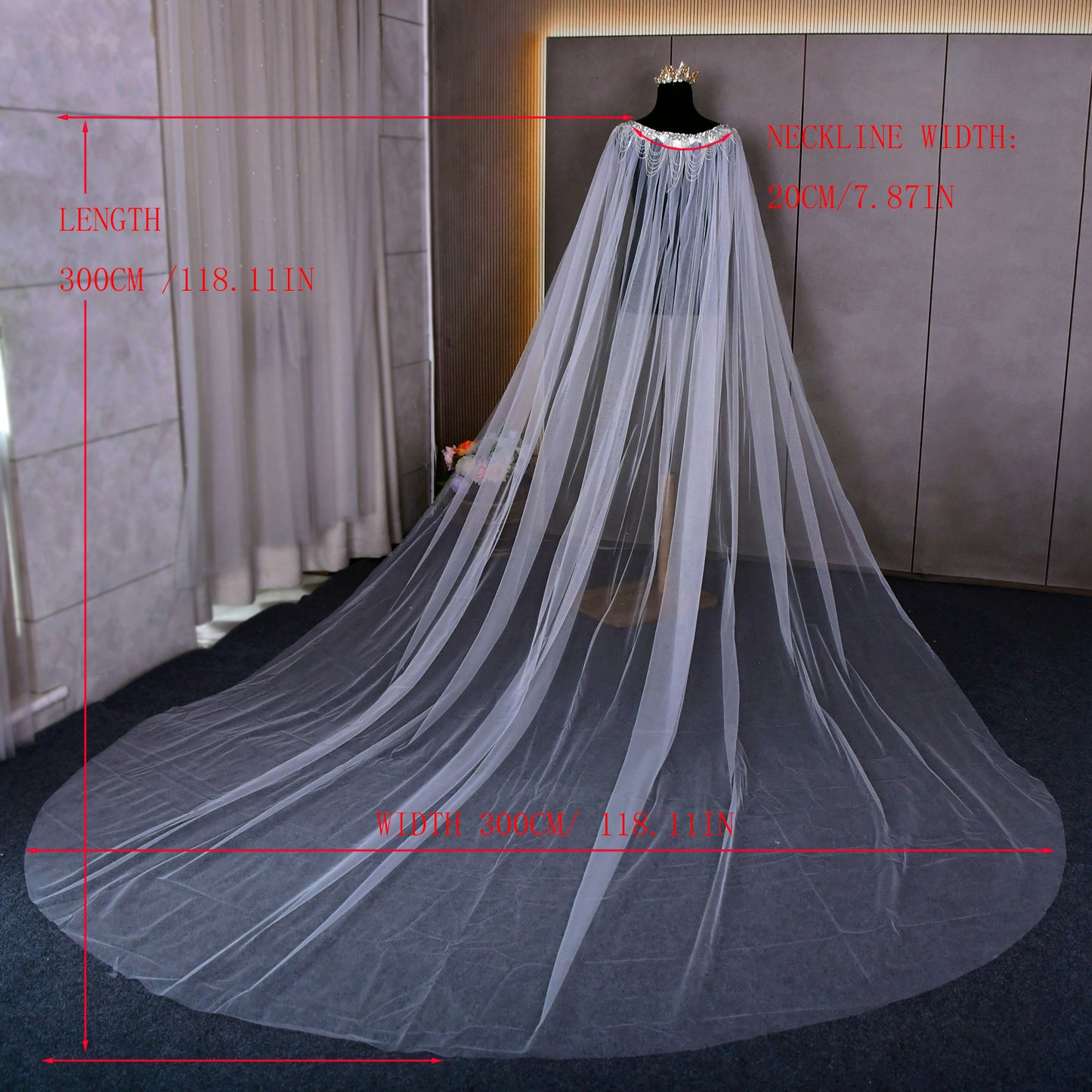 Luxury Crystal Beaded Extra Long Bridal Cape Veil - Bridella BVG47