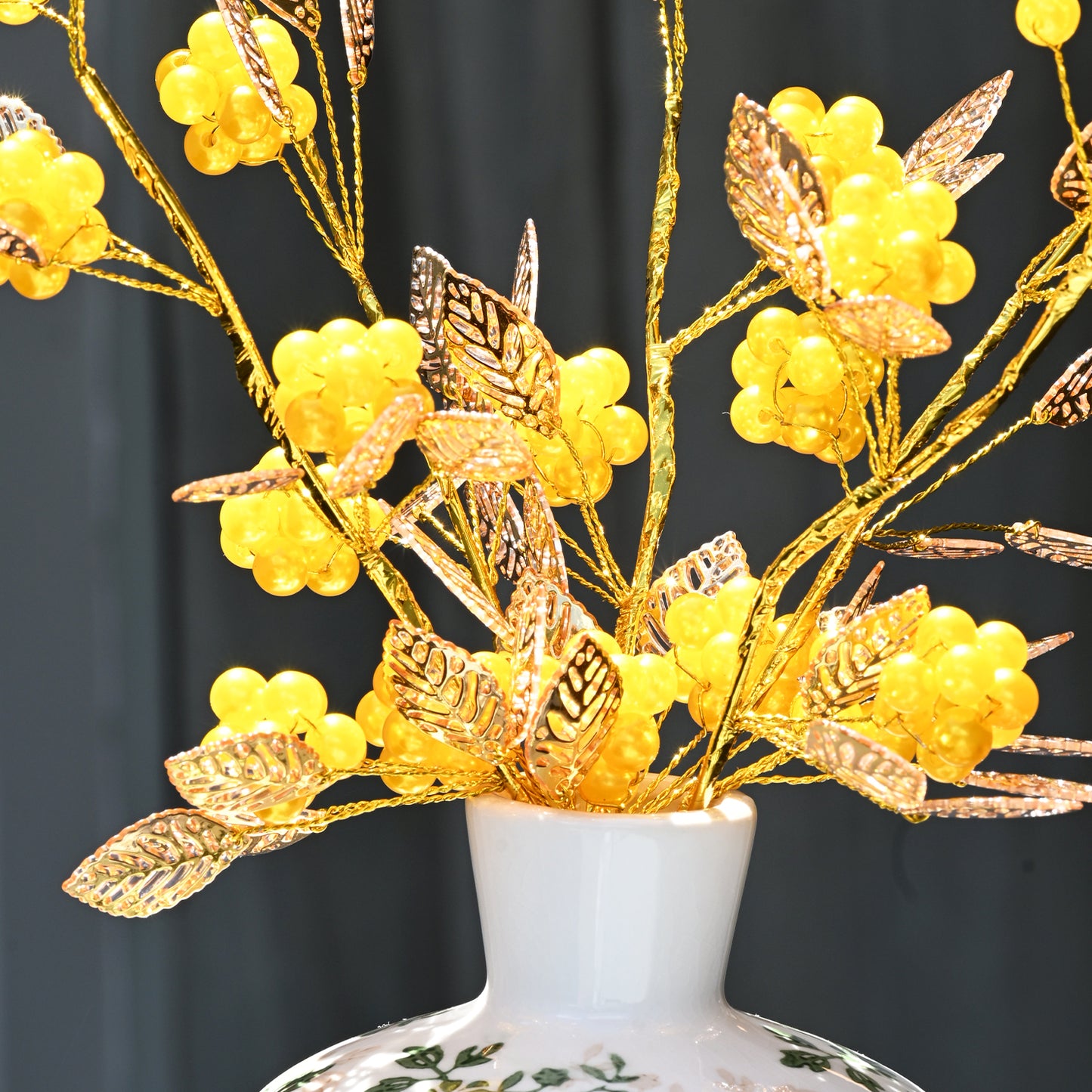 Golden Artificial Berry Stem with Metallic Leaves, Faux Red/Yellow Berry Picks K103