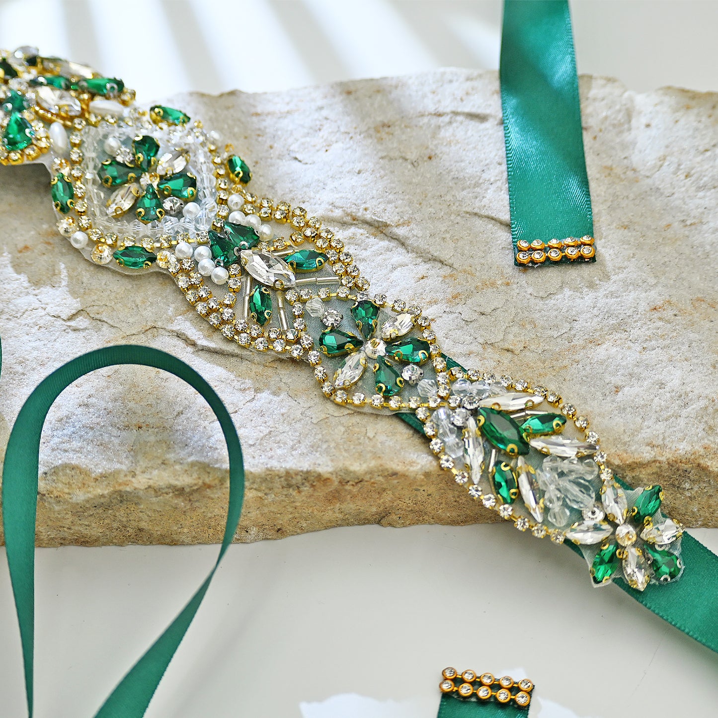 Green Rhinestone Pearl Bridal Belt Wedding Sash – Bridella BS433GKL