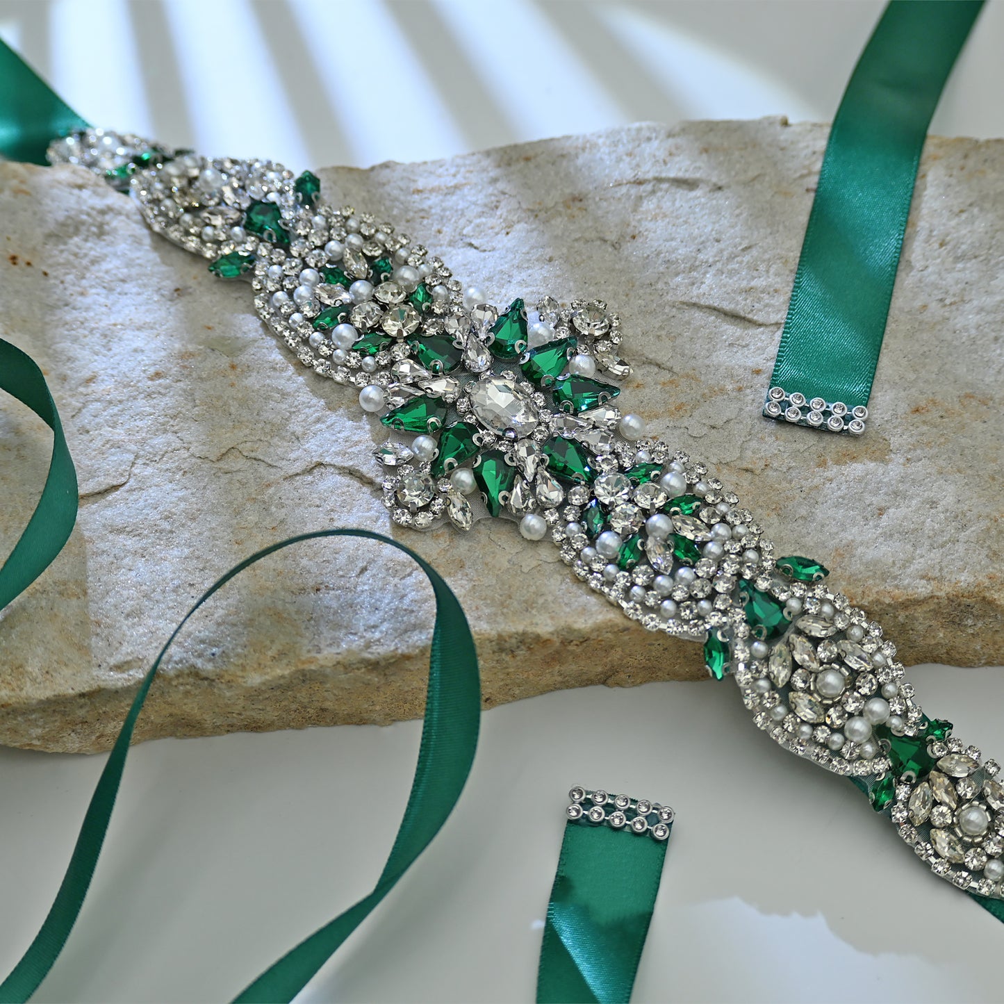 Bridella BS84KL Green Rhinestone & Pearl Belt