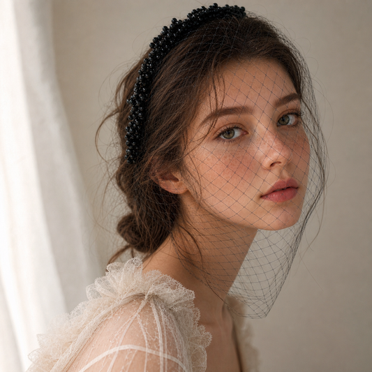 Black Beaded Birdcage Bridal Veil Headband Vintage French Face Veil - Bridella BVA30-B