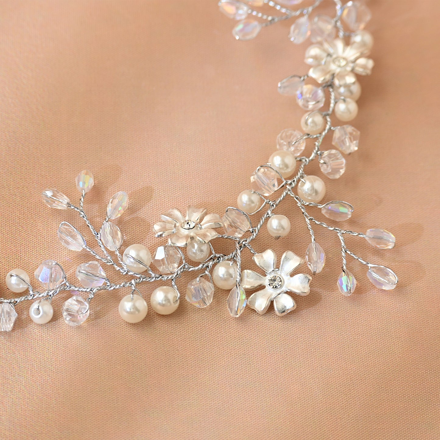 Bridella BHP347-S Silver Rhinestone & Pearl Headband