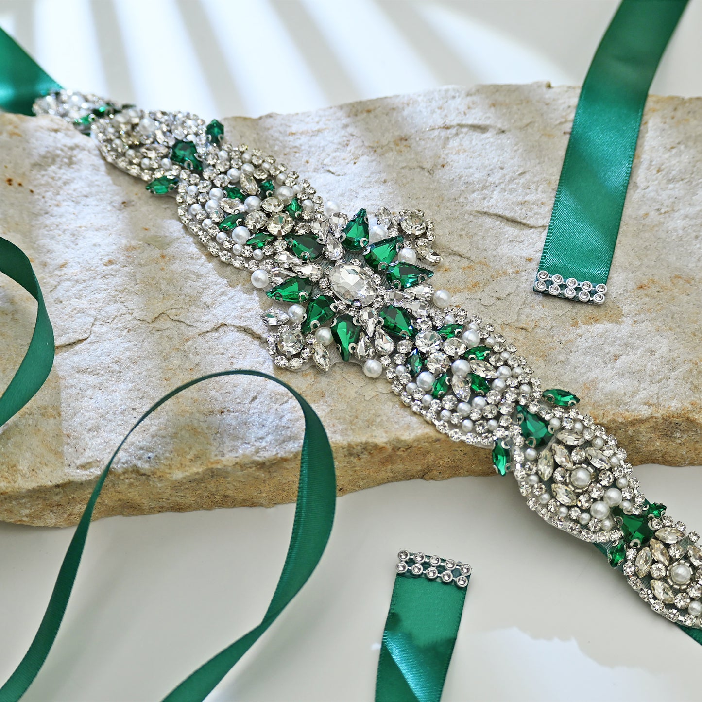 Green Rhinestone & Pearl Bridal Belt Sash for Wedding - Bridella BS84KL