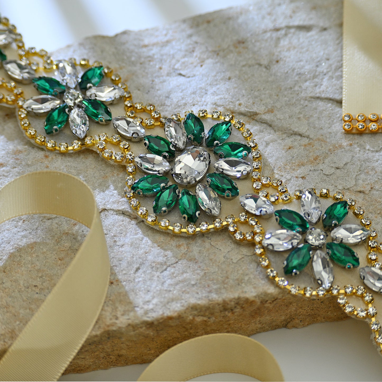 Bridella BS257- Champagne Ribbon Green Rhinestone Belt