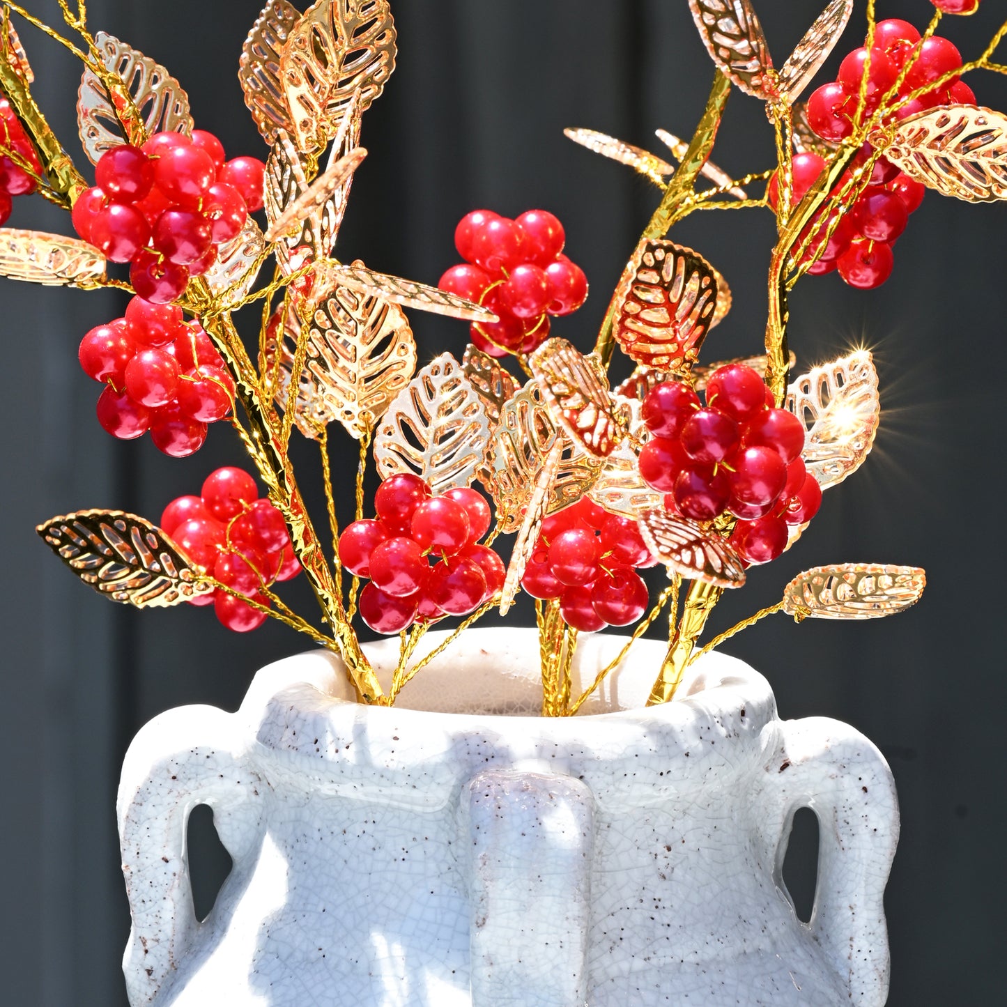 Golden Artificial Berry Stem with Metallic Leaves, Faux Red/Yellow Berry Picks K103