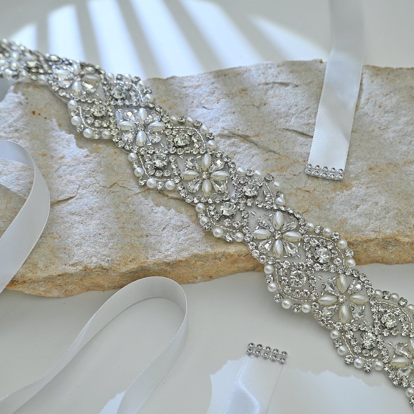 Bridella BS153 White Rhinestone & Pearl Belt