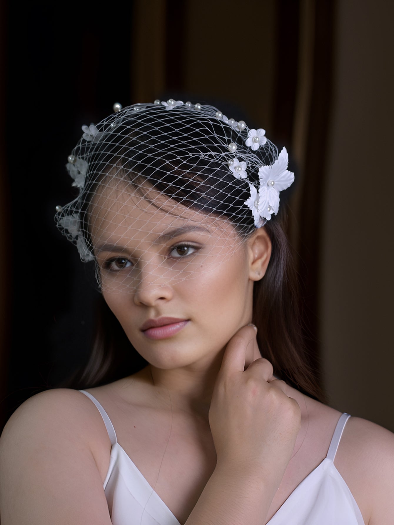 3D Flower Pearl Birdcage Bridal Veil With Comb - Bridella BVA22