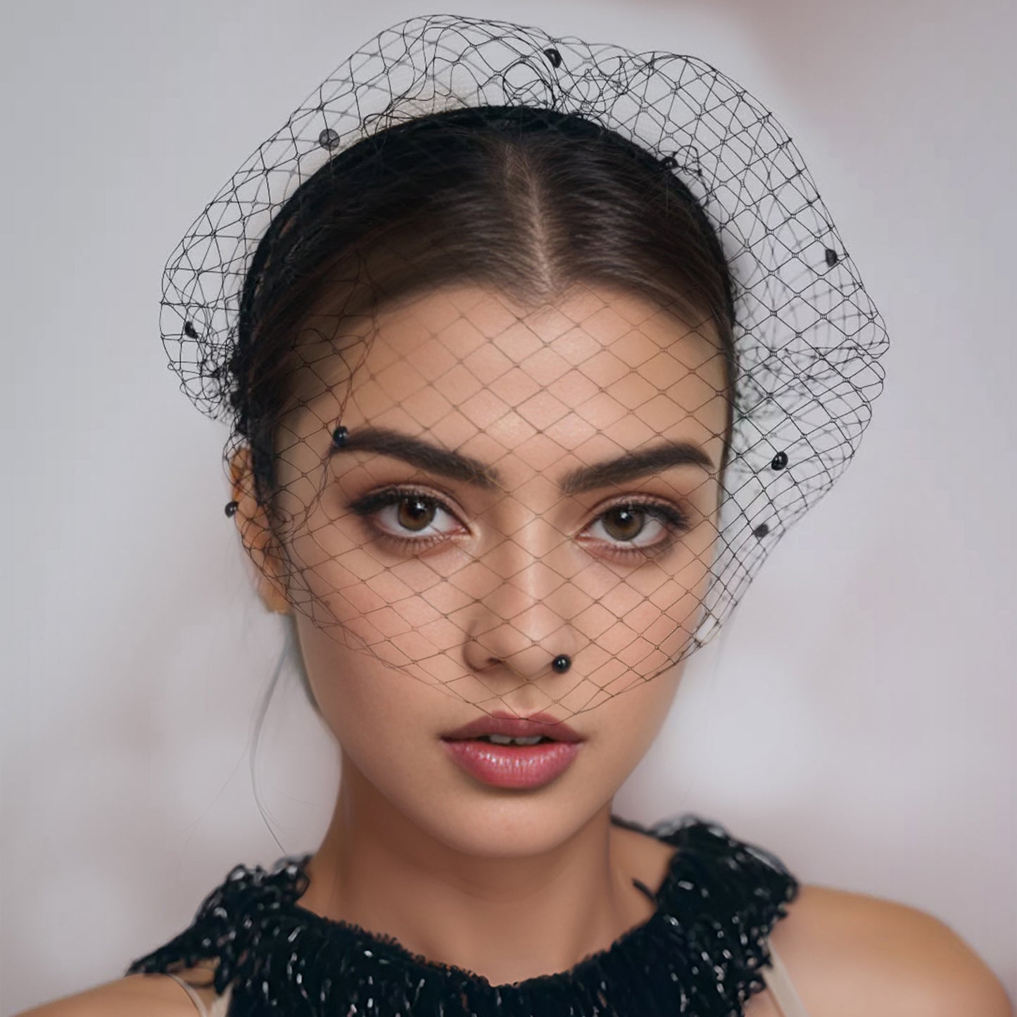 Black Pearl Birdcage Bridal Veil Gothic Wedding Veil - Bridella BMA35