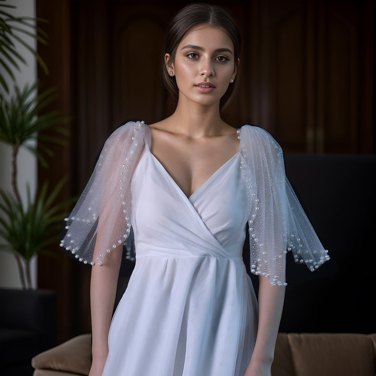 Ivory Starlight Mesh Bridal Shawl Sleeves Wedding Wrap BVG40A-XI Bridella