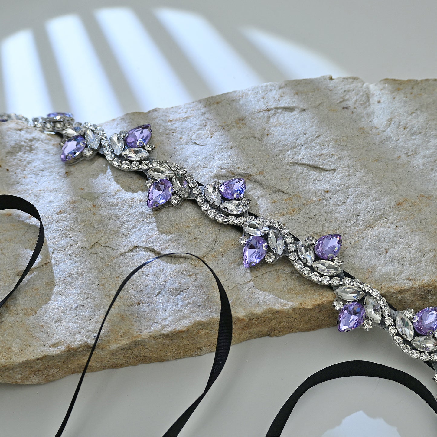 Bridella BS211LA- Black ribbon Lavender Rhinestone Belt