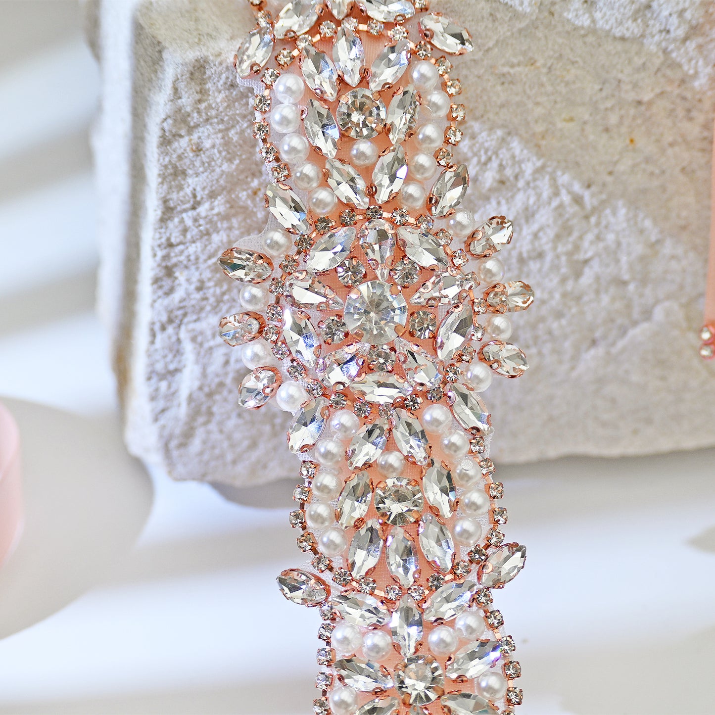 Bridella BS445RG-Retro Pink Rose Gold Rhinestone Pearl Belt