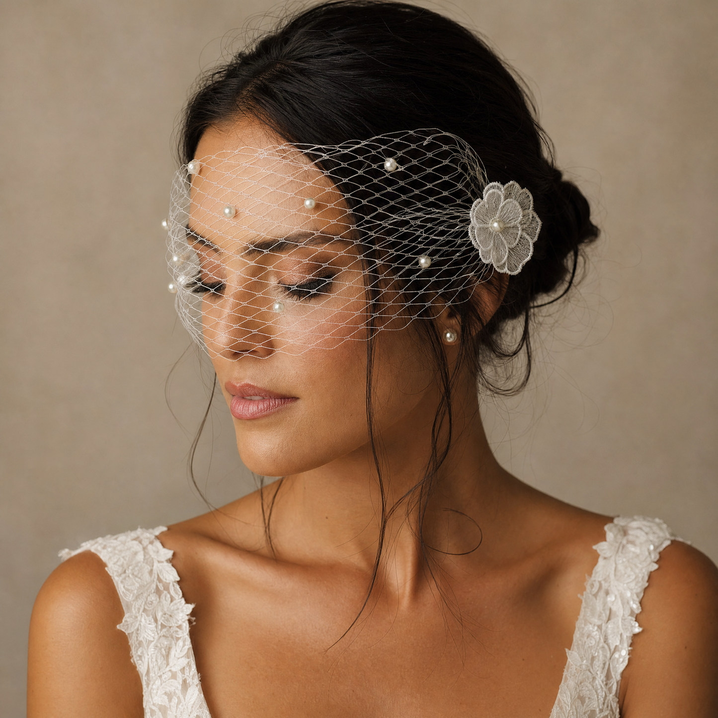 Pearl And Rhinestone Style Bridal Fishnet Veil Comb Style Women's Birdcage Veil Flower Blush Veil VA04-A
