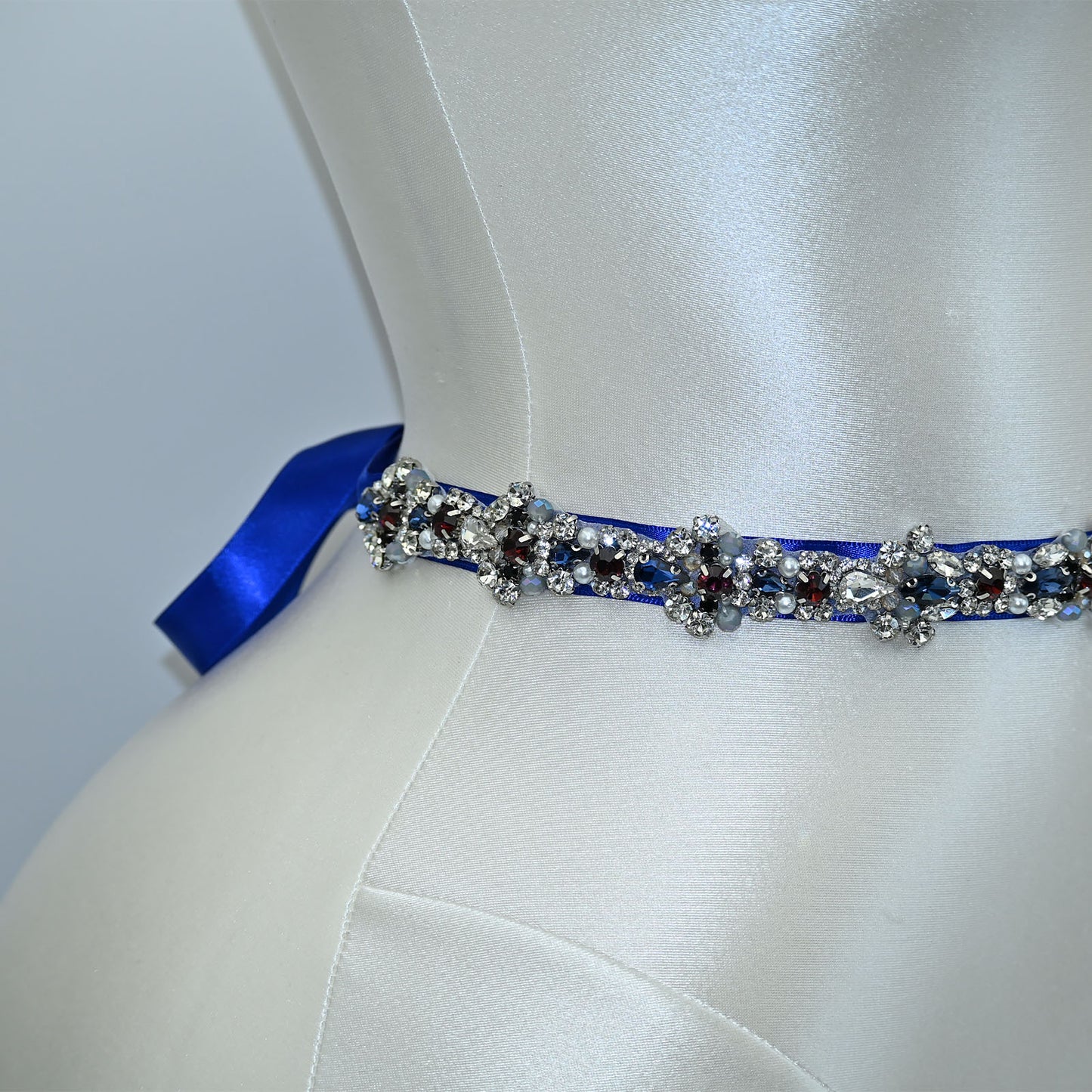 Blue Rhinestone Pearl Bridal Sash Wedding Dress Belt – Bridella BS125ML