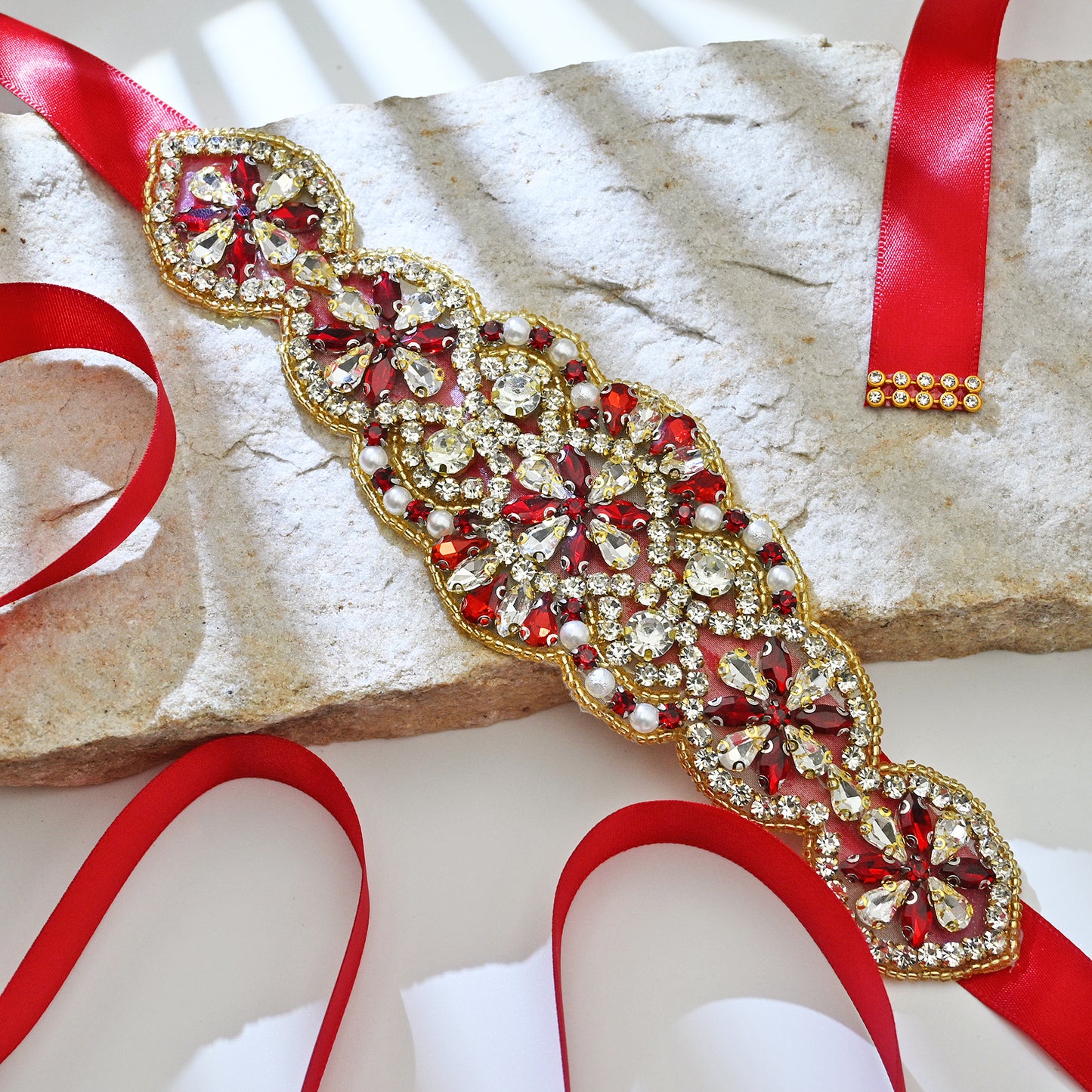Red Rhinestone Pearl Bridal Belt Wedding Sash - Bridella BS94R