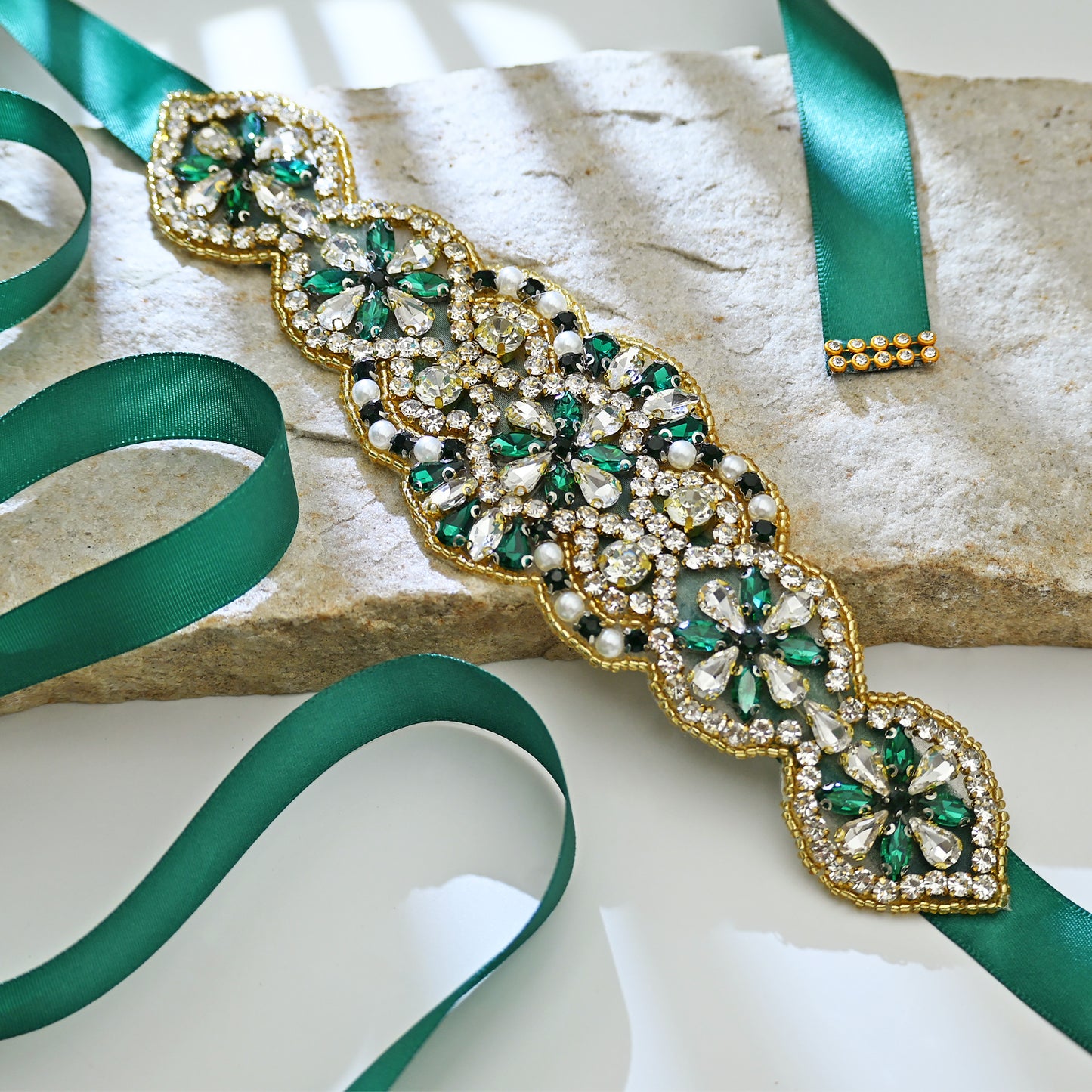 Green Rhinestone Pearl Bridal Belt Wedding Sash - Bridella BS94KL