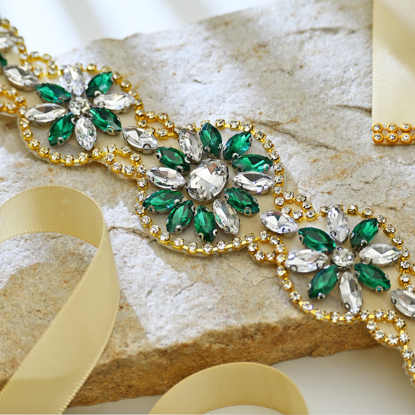 Champagne Ribbon Emerald Green Rhinestone Bridal Sash Wedding Dress Belt – Bridella BS257
