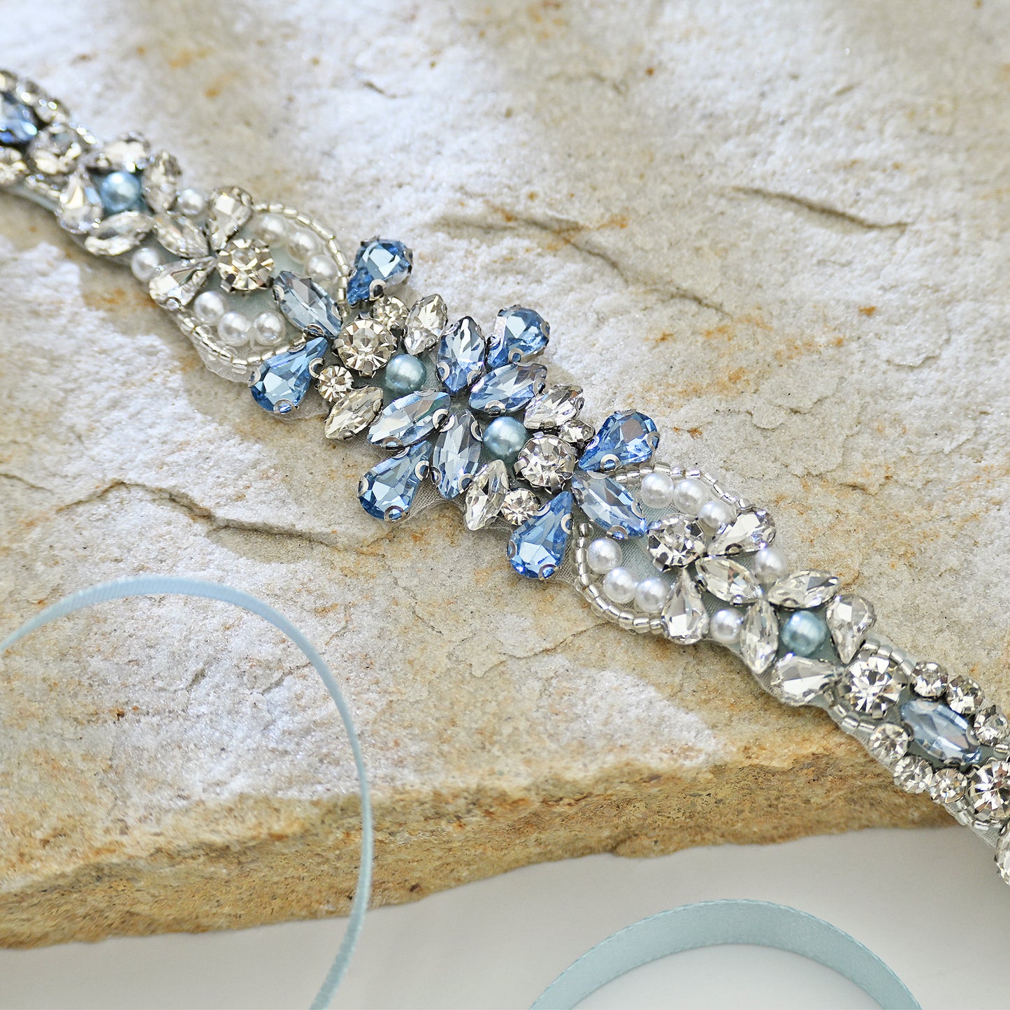 Light Blue Rhinestone & Pearl Bridal Dress Belt for Wedding - Bridella BS93QL