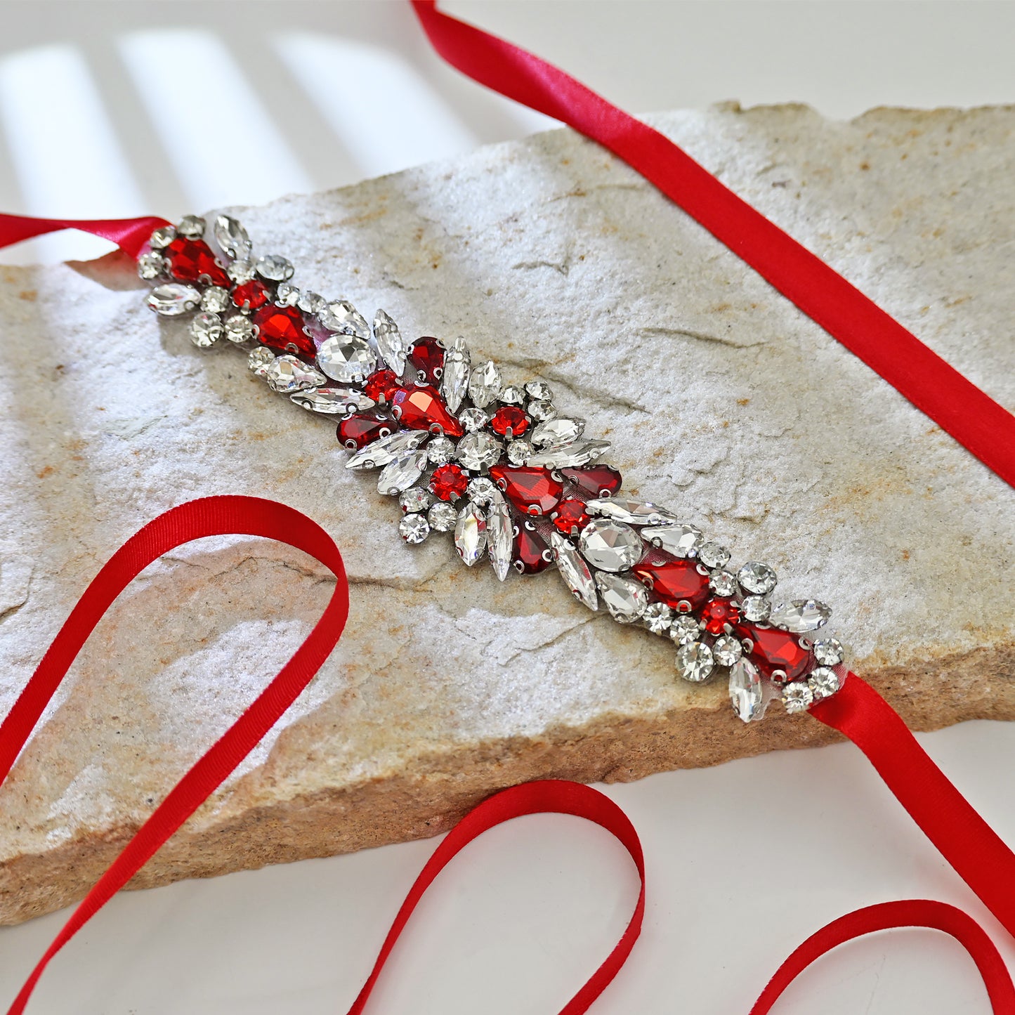 Red Rhinestone Bridal Dress Belt for Wedding - Bridella BS160R