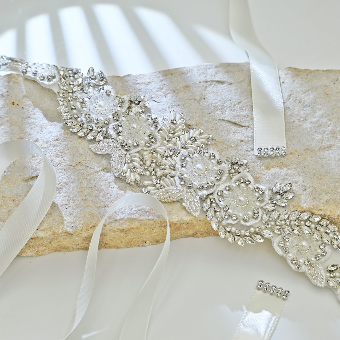 Off White Rhinestone Pearl Bridal Belt Wedding Sash - Bridella BS83