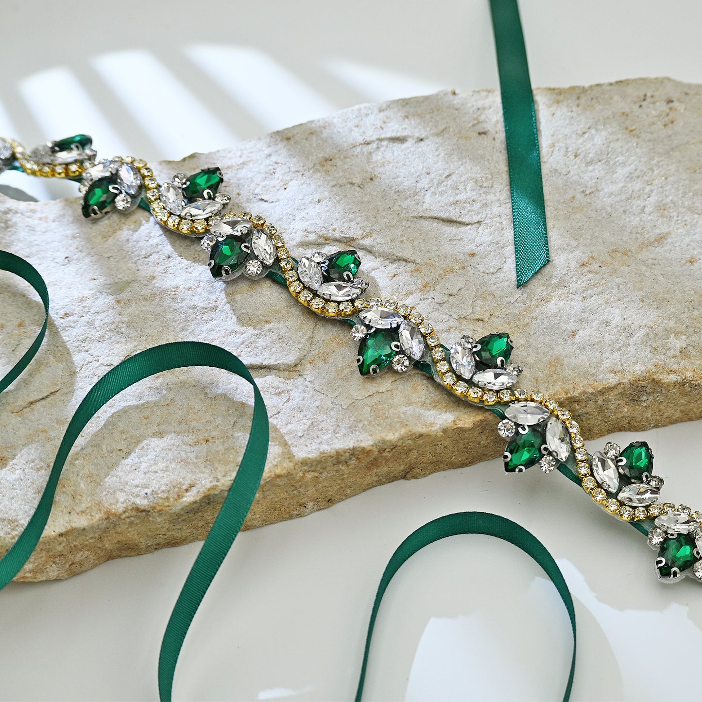 Emerald Green Rhinestone Bridal Belt with Ribbon Waist Sash Bridella BS211KL