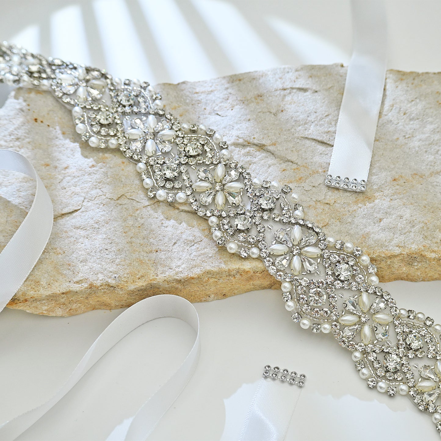 White Rhinestone & Pearl Bridal Belt Sash for Wedding - Bridella BS153