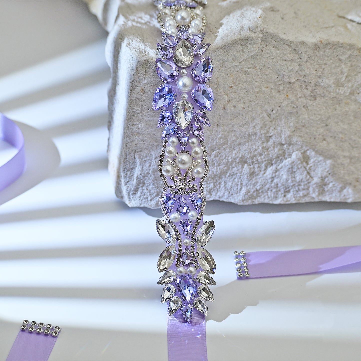 Lavender Rhinestone Pearl Bridal Sash Ribbon Wedding Dress Belt – Bridella BS258