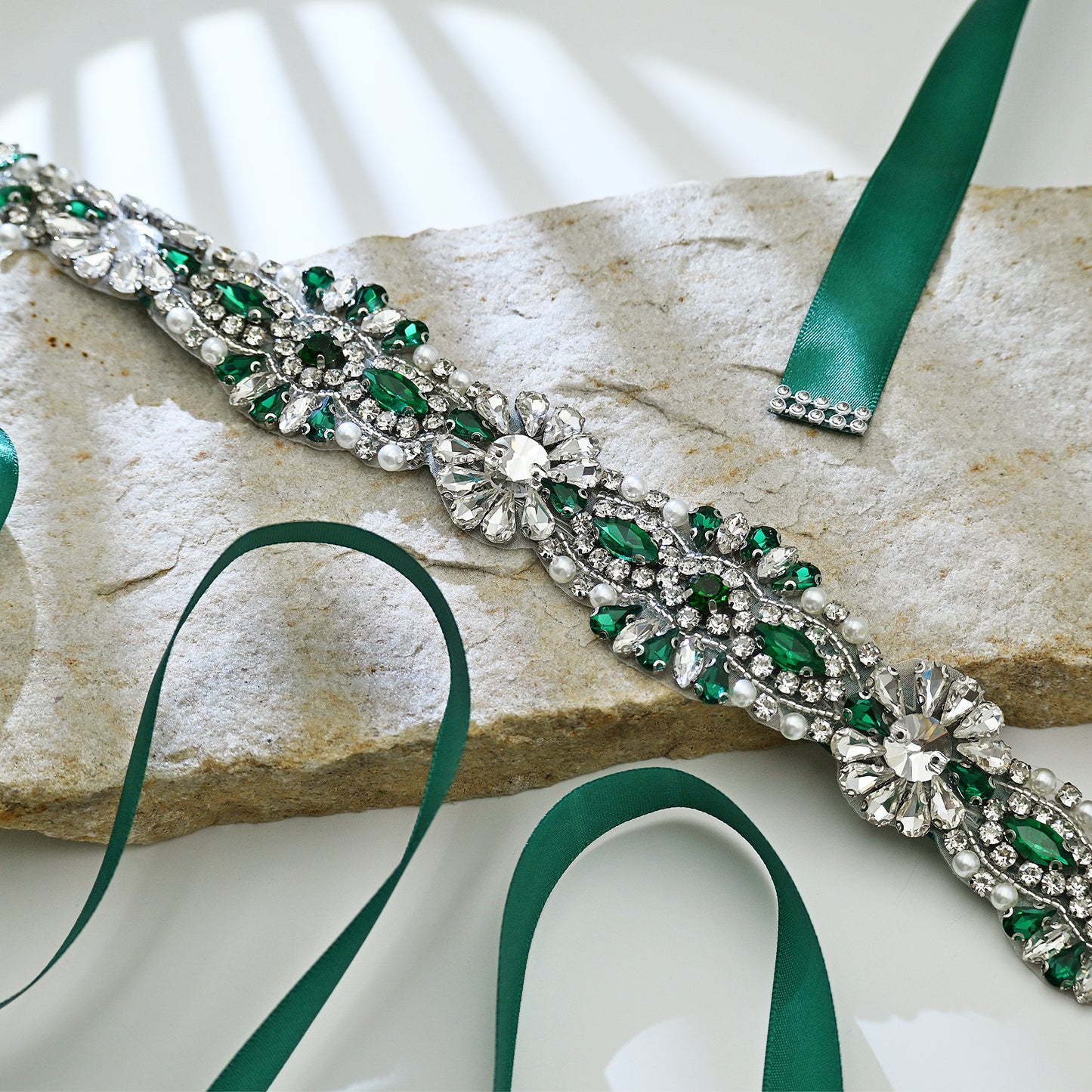 Green Rhinestone Bridal Belt with Ribbon Tie Waist Sash Bridella BS237KL