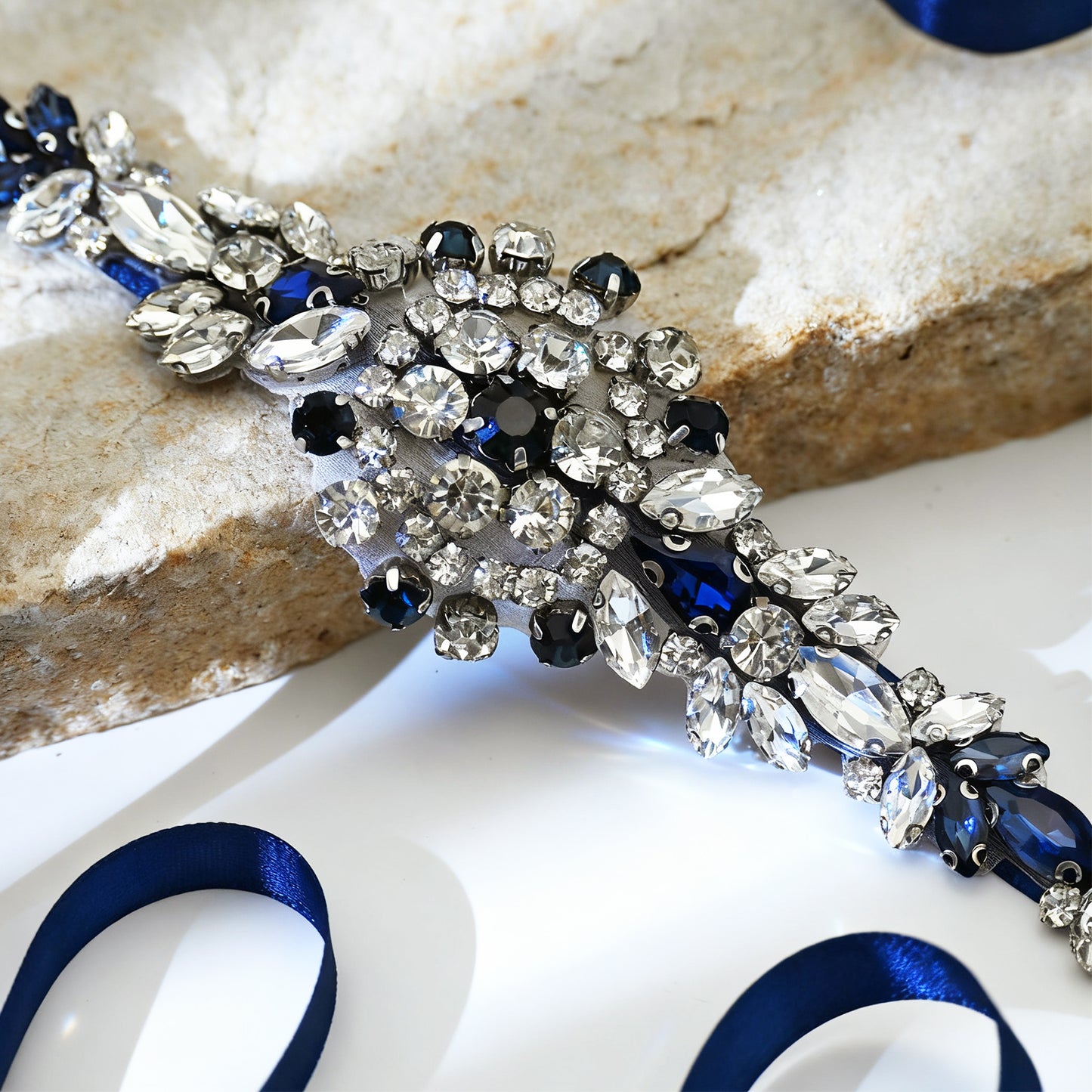 Blue Rhinestone Bridal Sash Wedding Dress Belt – Bridella BS124ML