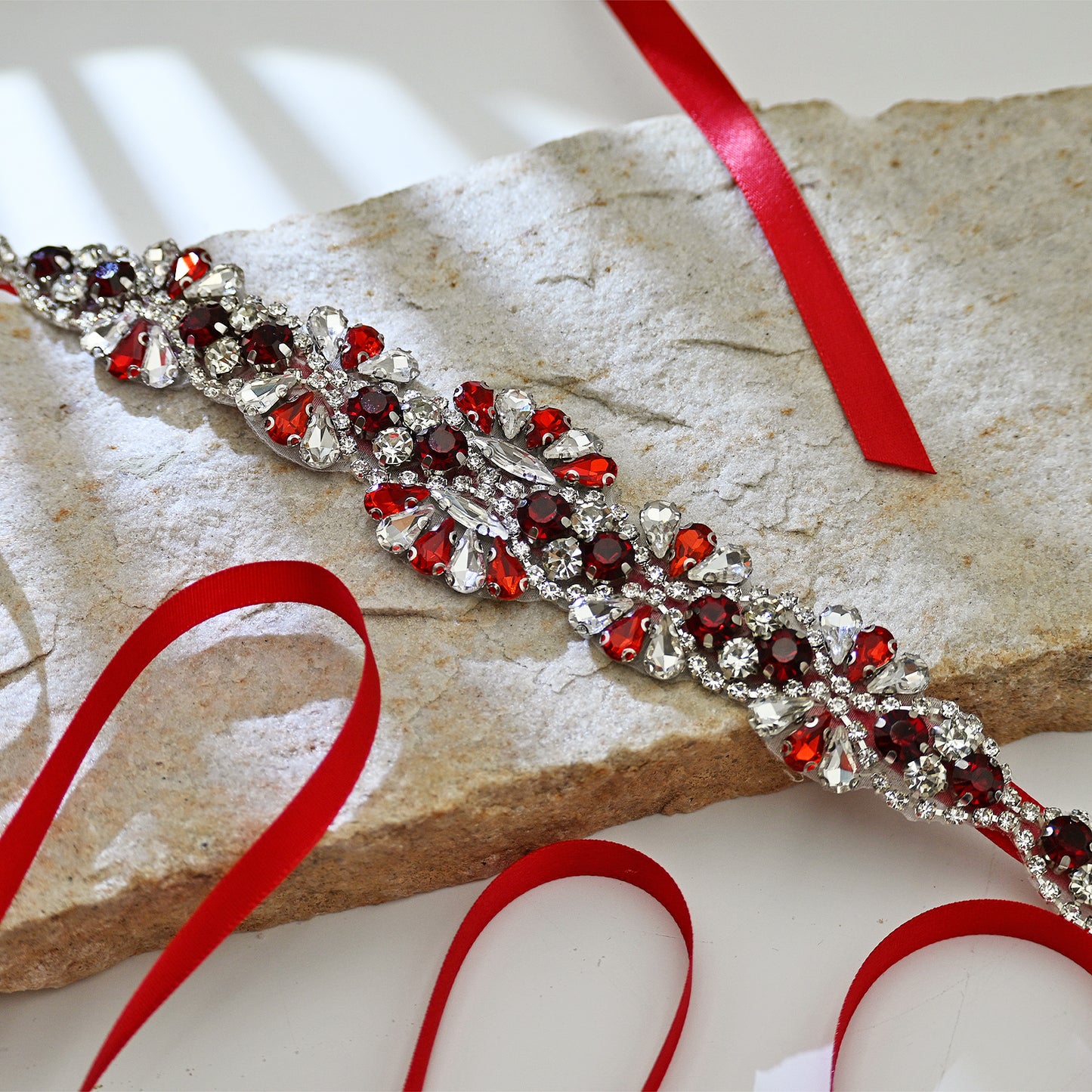 Red Rhinestone Bridal Dress Belt for Wedding - Bridella BS165R