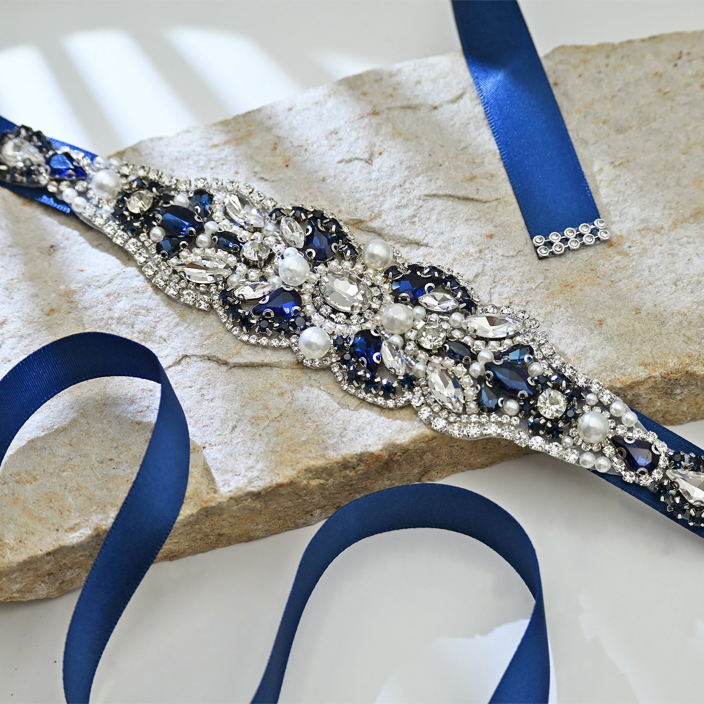 Navy Rhinestone Pearl Bridal Belt Wedding Sash - Bridella BS87ML