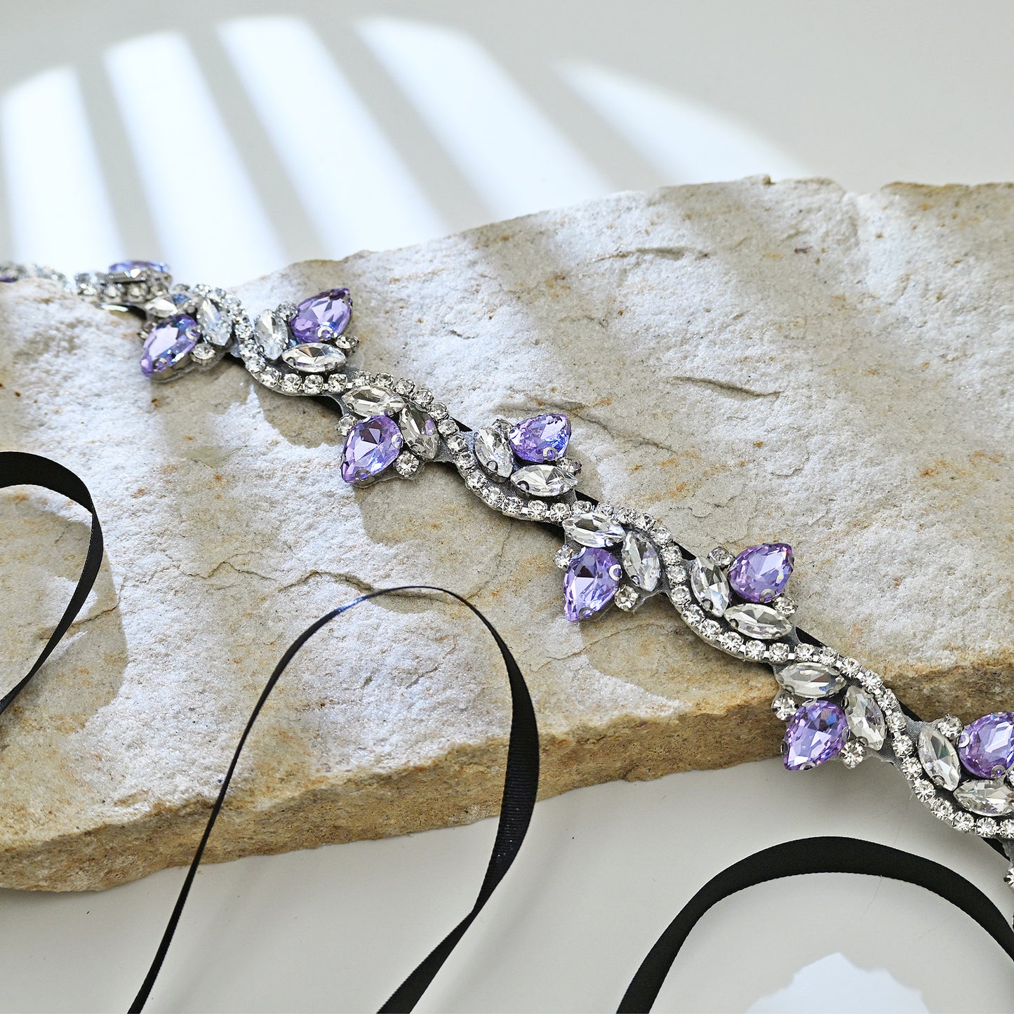 Lavender Rhinestone Bridal Belt with Black Ribbon Waist Sash Bridella BS211-LA