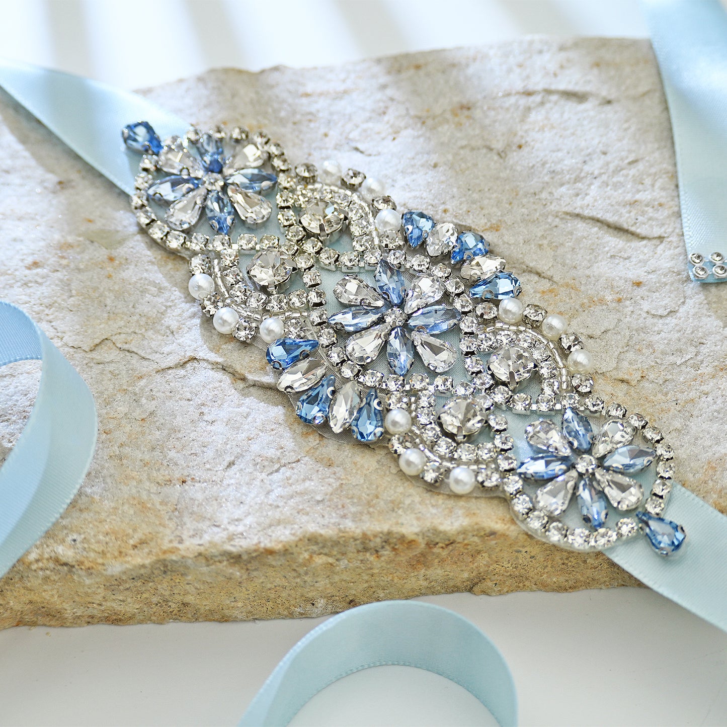 Baby Blue Rhinestone Bridal Belt Wedding Sash - Bridella BS76QL