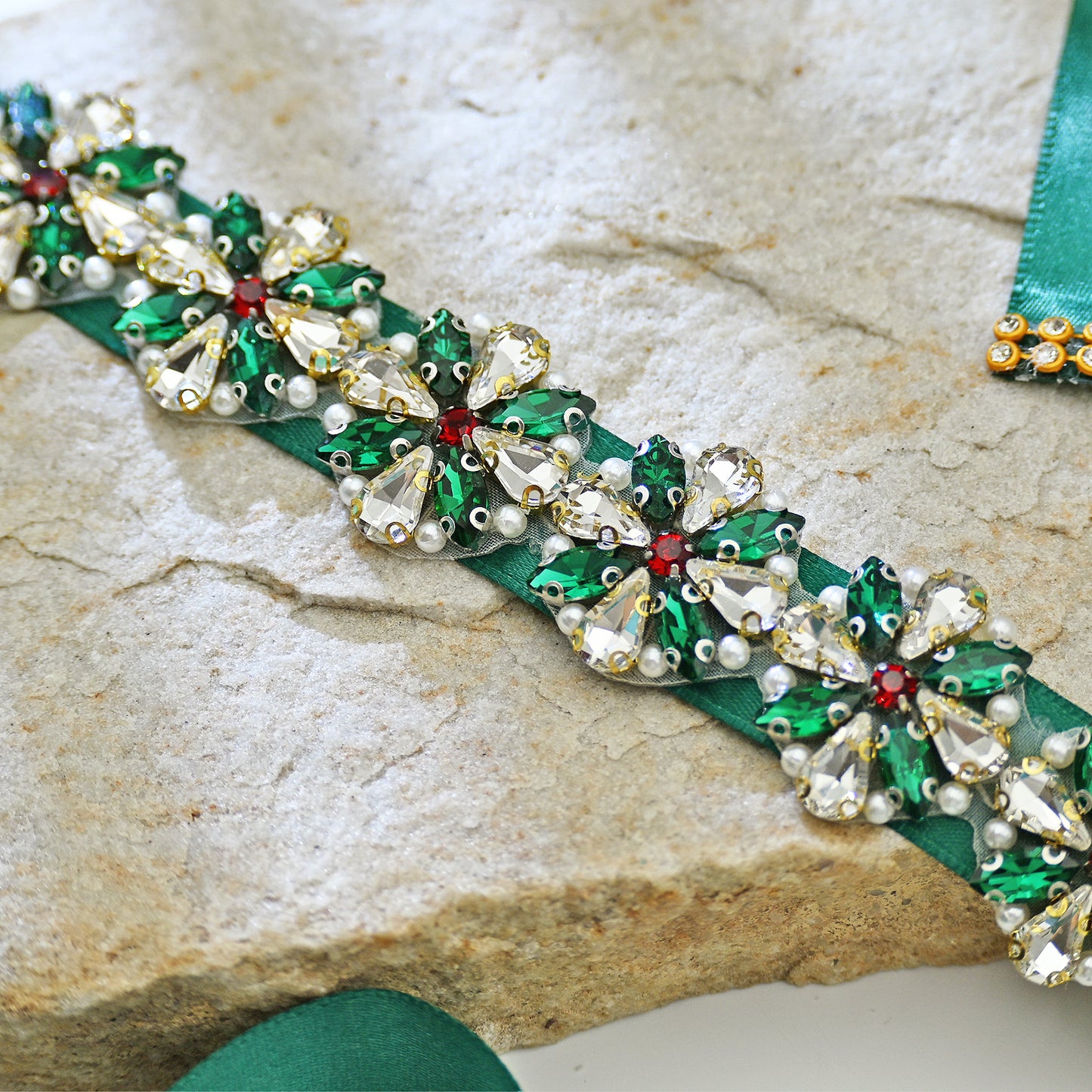 Rhinestone Pearl Ribbon Belt Wedding Prom Green Bridella BS205