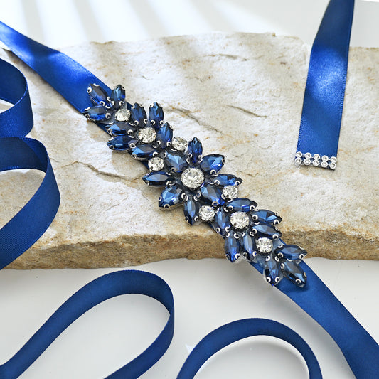 Navy Blue Rhinestone Bridal Sash Ribbon Wedding Dress Belt – Bridella BS243ML