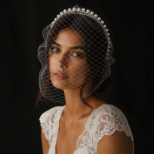 White Pearl Mesh Bridal Face Veil Headband for Wedding - Bridella BVA11-W
