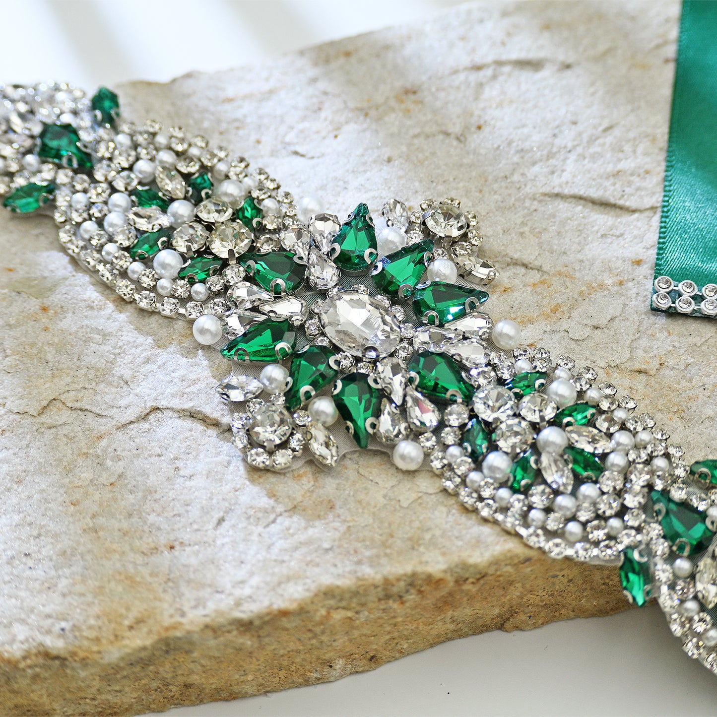 Green Rhinestone & Pearl Bridal Belt Sash for Wedding - Bridella BS84KL