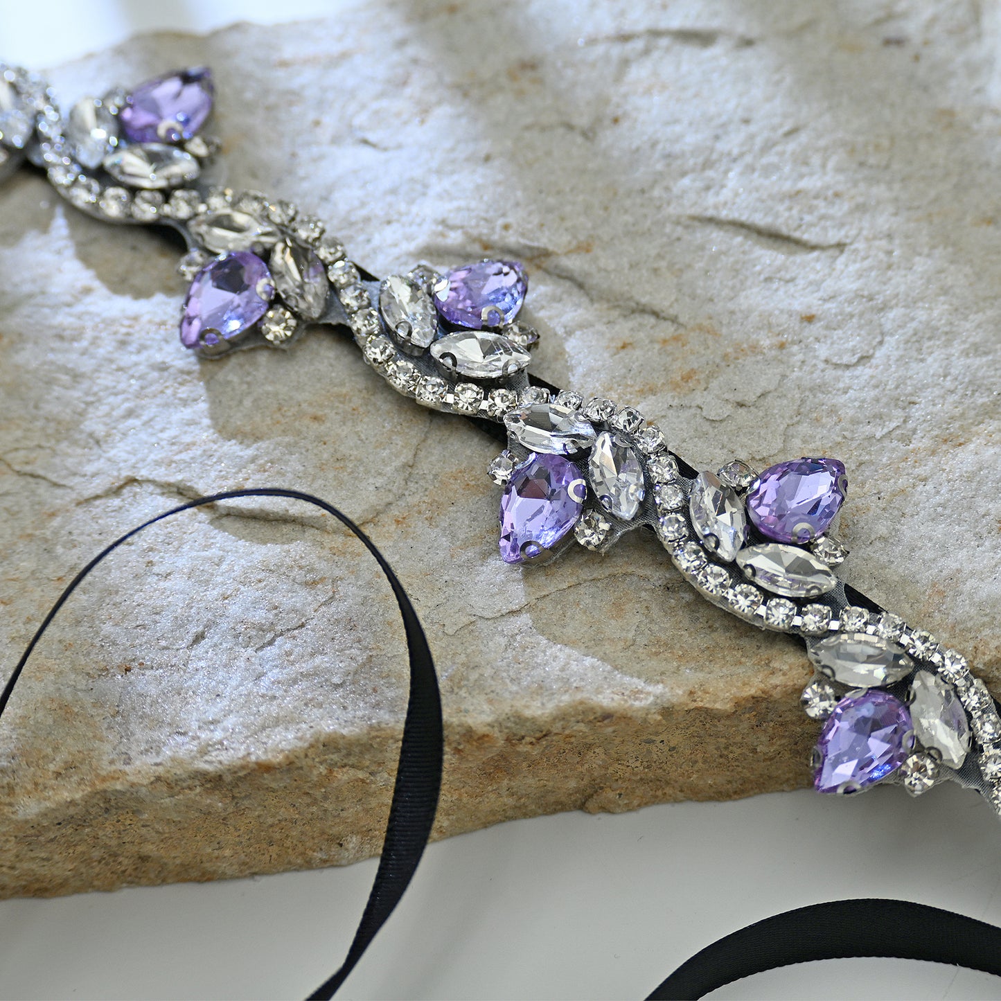 Bridella BS211LA- Black ribbon Lavender Rhinestone Belt