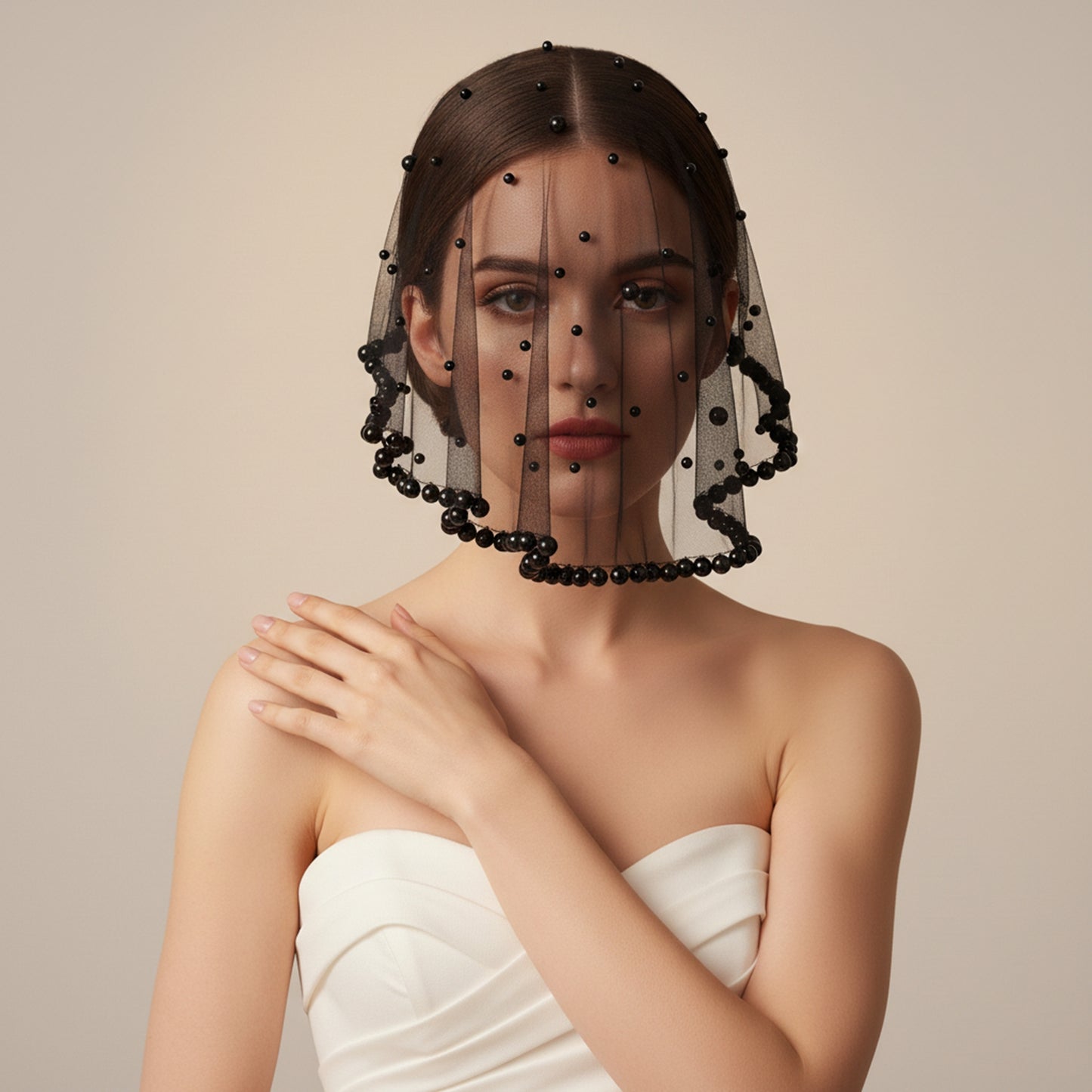Pearl Beaded Blusher Veil Short Bridal Face Veil 50cm Wedding Bride Accessory - Bridella BVA10-B