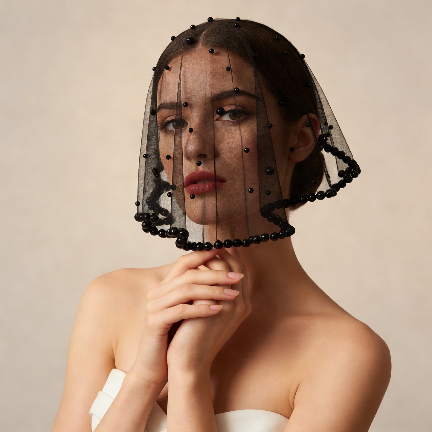 Pearl Beaded Blusher Veil Short Bridal Face Veil 50cm Wedding Bride Accessory - Bridella BVA10-B
