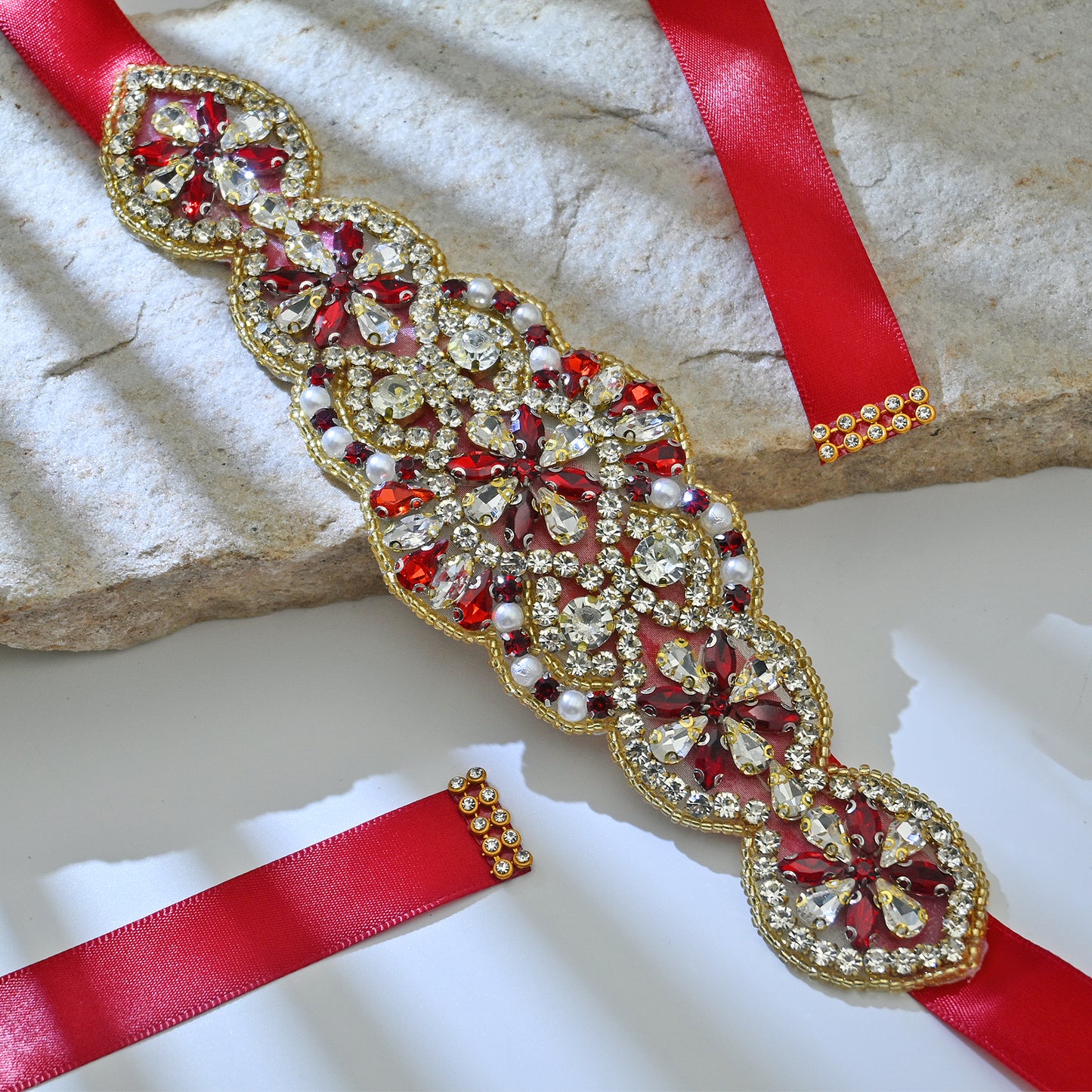 Bridella BS94R Red Rhinestone & Pearl Belt