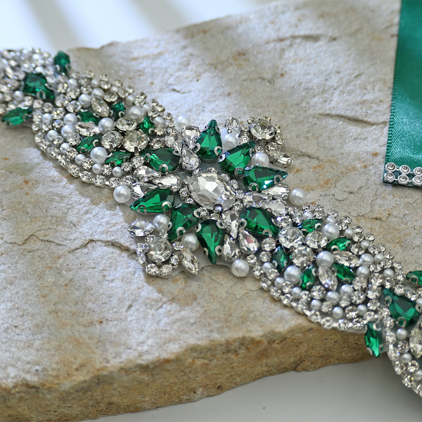 Bridella BS84KL Green Rhinestone & Pearl Belt